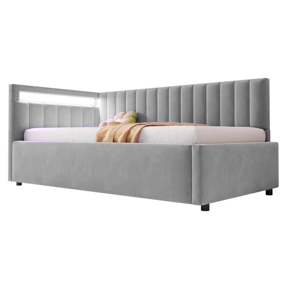 SAMT-POLSTERBETT 90/200 cm mit LED-Beleuchtung und Bettkasten in Hellgrau - Hellgrau, Textil (90/200cm) - BEAOK