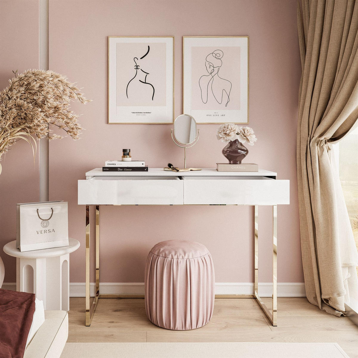 KONSOLE BLANCO mit Schubladen GOLD CHROM Weiß Hochglanz PUSH OPEN - Weiß Hochglanz/Goldfarben, Holzwerkstoff (42/100/81cm) - Lookway