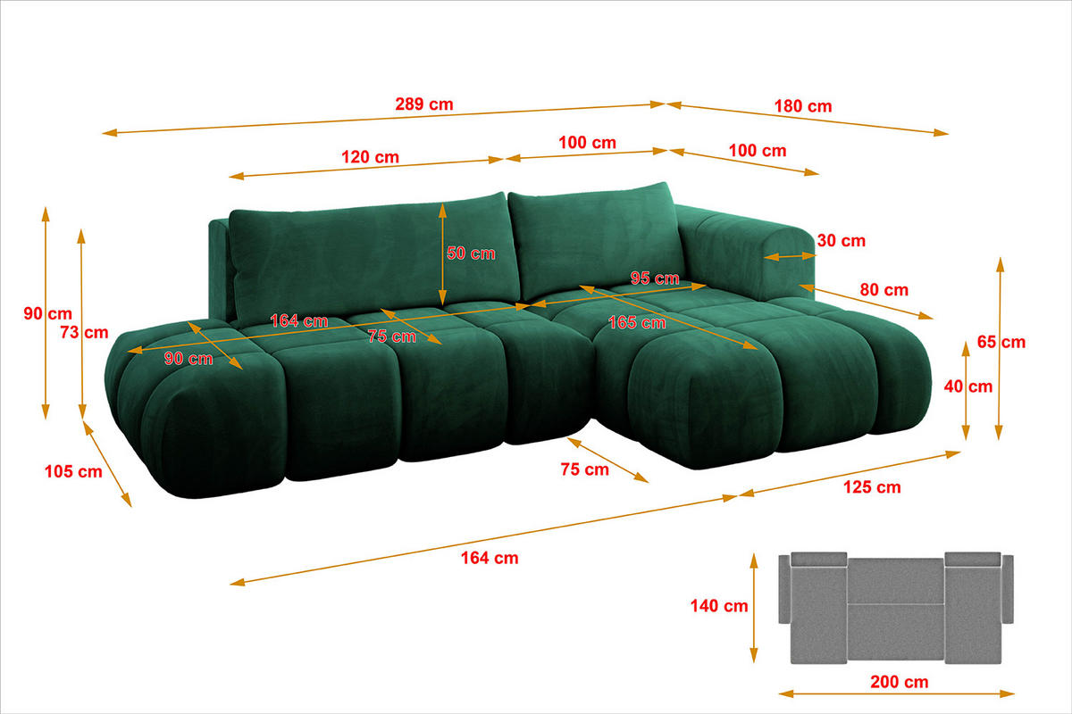 ECKSOFA Ottomane Rechts CLOUD-L 289x180x40 Dunkelgrün Velours - Dunkelgrün, Holzwerkstoff/Kunststoff (289/180cm) - ALTDECOR