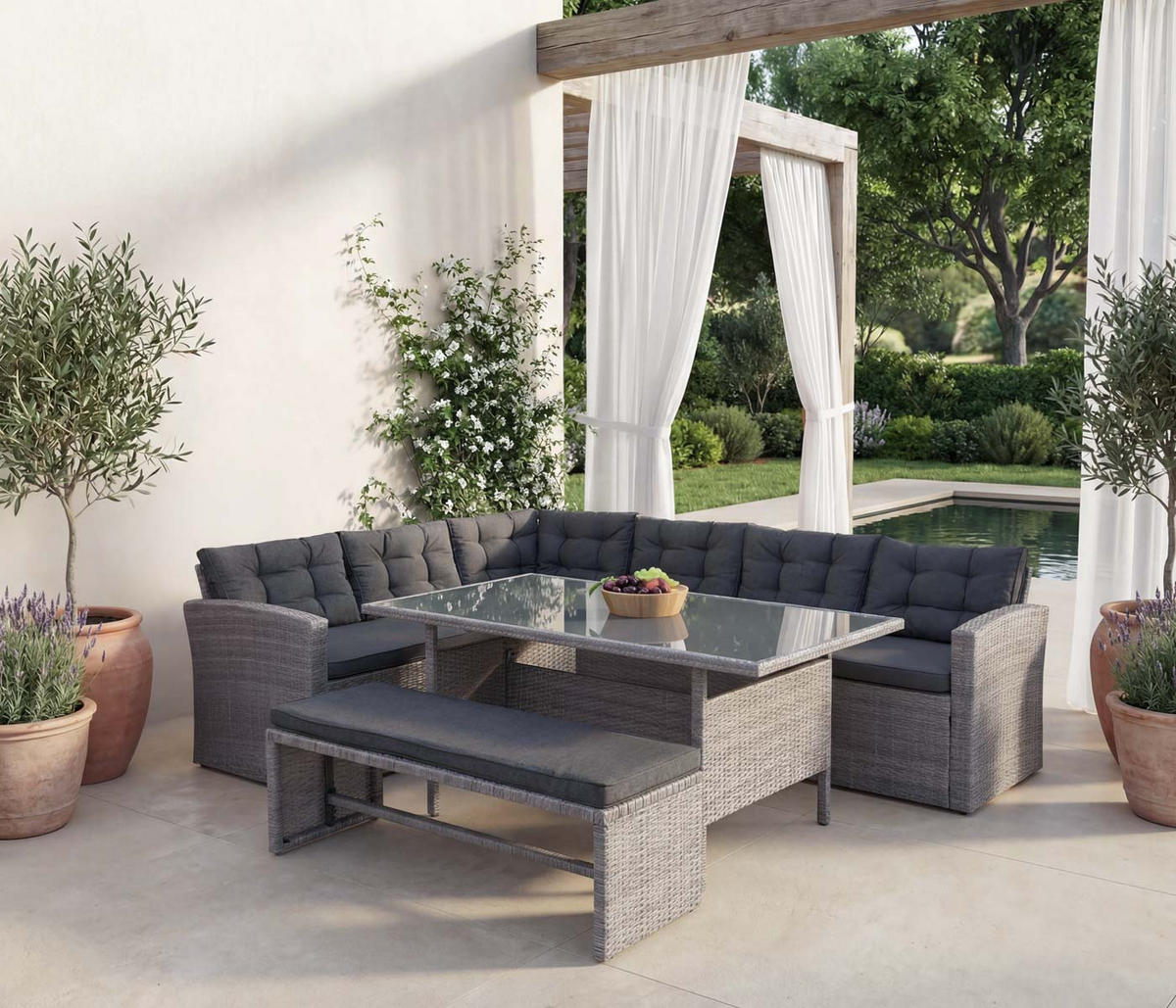 POLY-RATTAN-GARNITUR Grau - Grau, Kunststoff - MCW