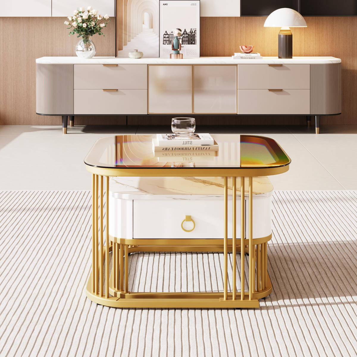 COUCHTISCH Stapelbar 2-tlg Hochglanz Marmoroptik Teebraun Gold Akzente - Weiß, Holz (72/68/26.5cm) - FLIEKS