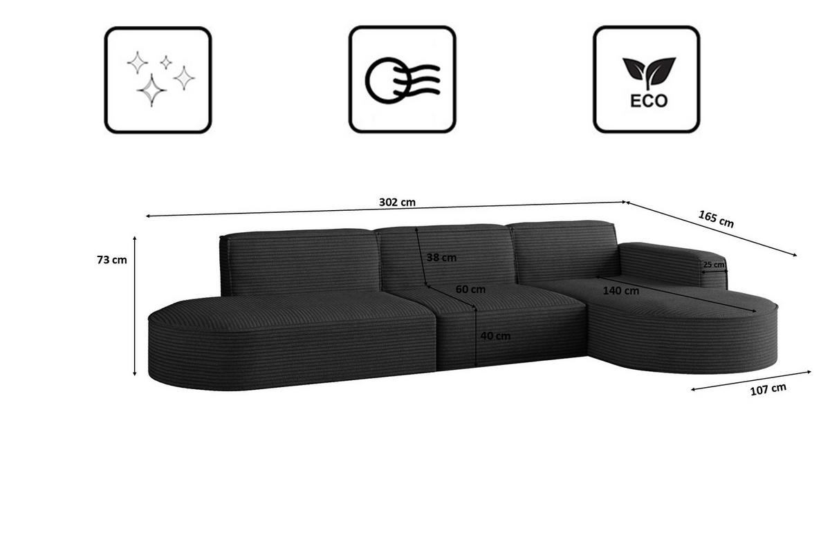 ECKSOFA Designer, Sofa L form MODENA 302 cm stoff Poso Schwarz Rechts - Schwarz, Holz (302/296cm) - Kaiser Möbel