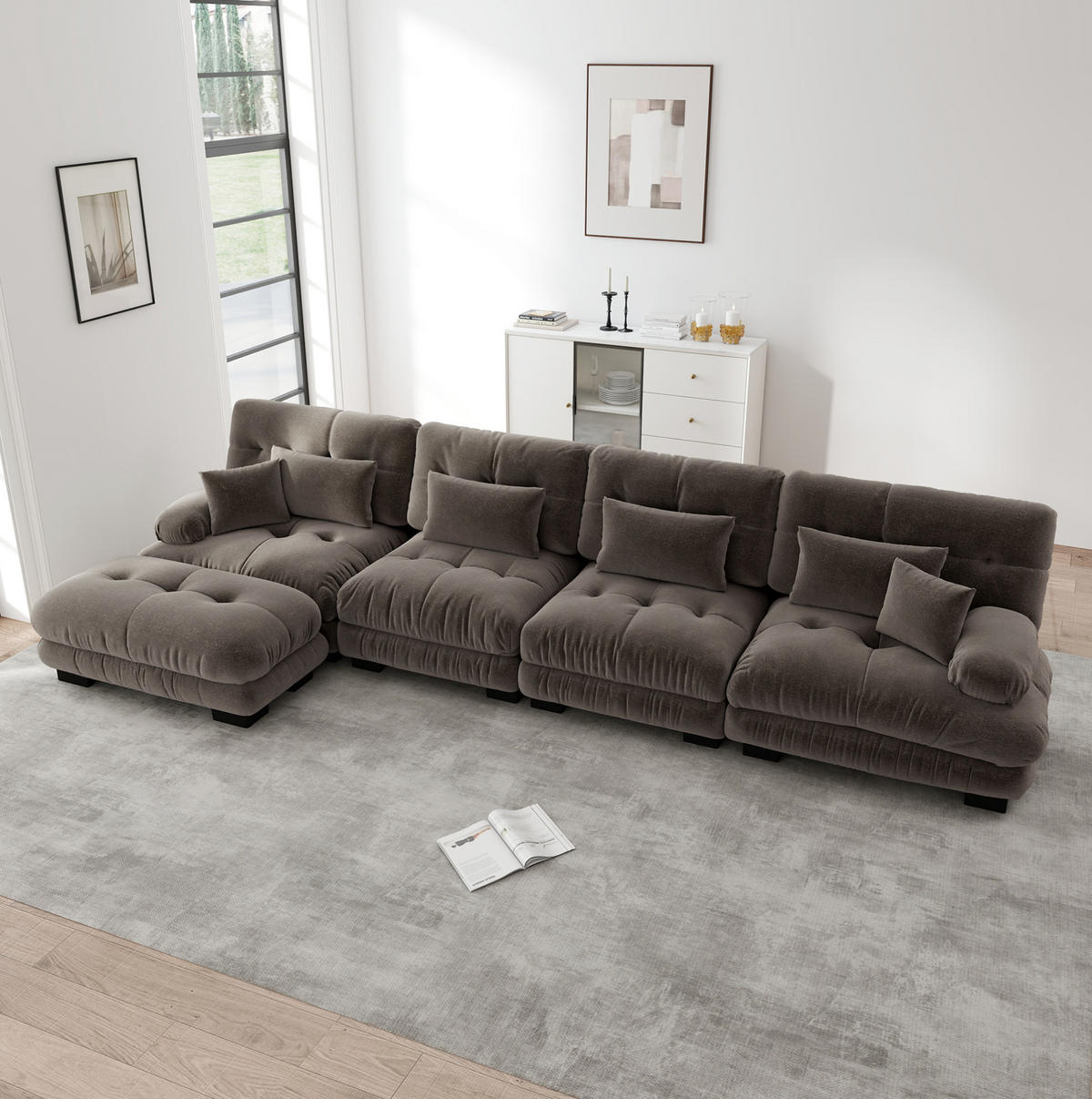SOFA modular Chenille Brown mit beweglichen Ottomans - Dunkelgrau, Kunststoff (145/406.1cm) - Meubliv