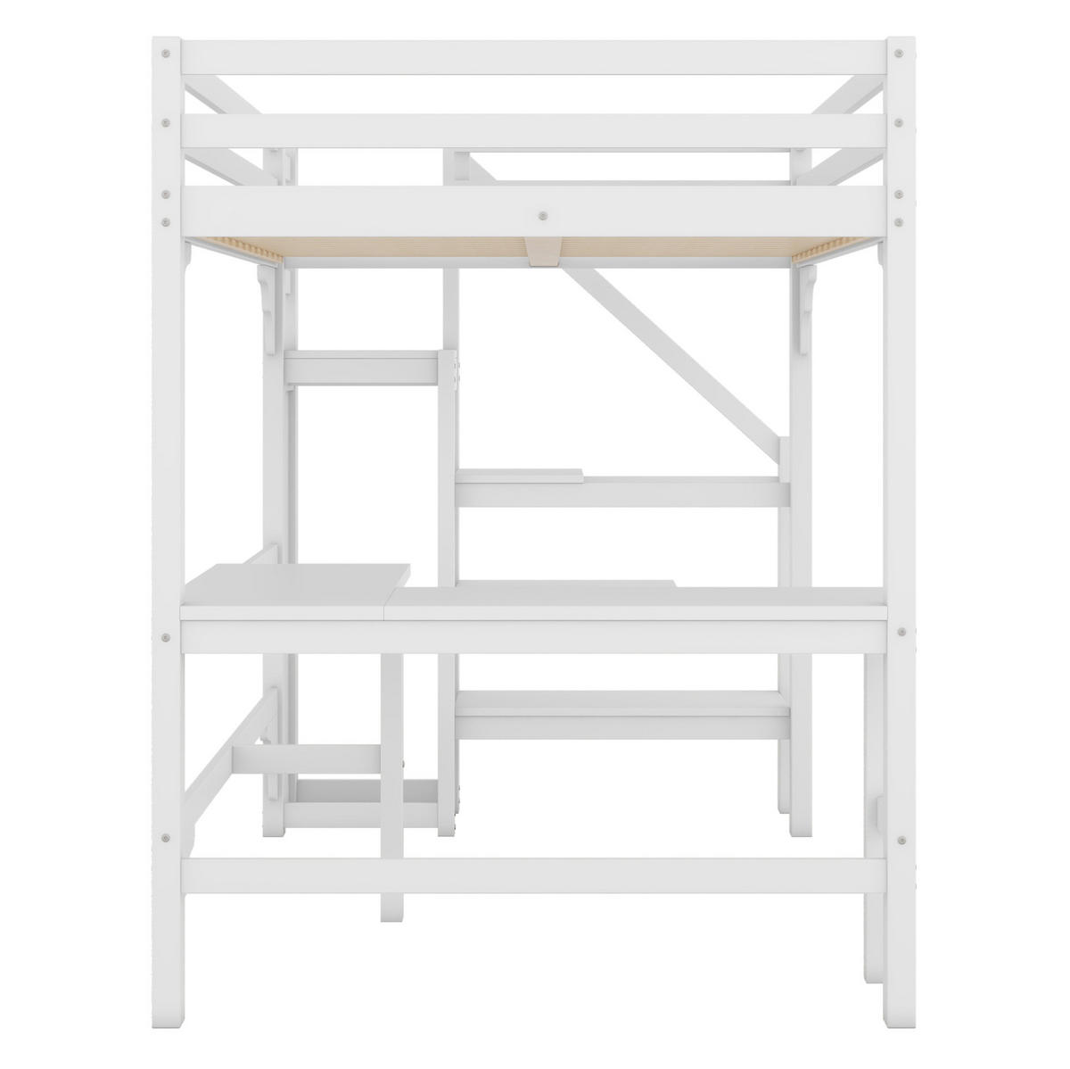 HOCHBETT aus Kiefernholz und MDF 140x200 cm Weiß mit L-Schreibtisch, offenem Kleiderschrank und Stauraumtreppe - Weiß, Holzwerkstoff (140/200cm) - IVMEU