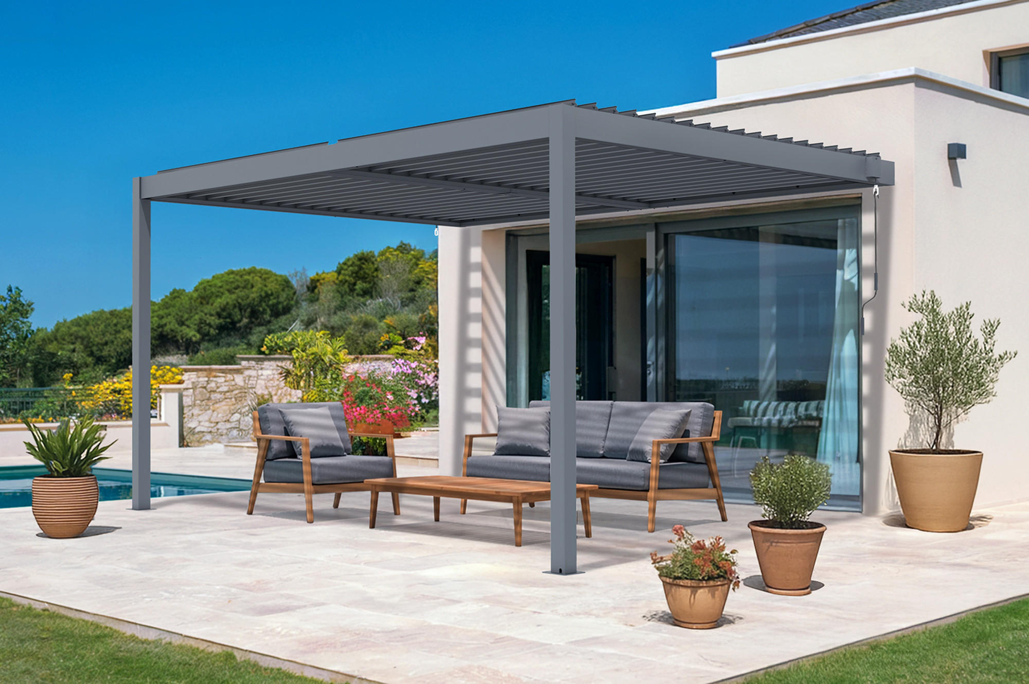 BIOKLIMATISCHE ANLEHNPERGOLA Piana Graue 4x3m Aluminium - Grau, Metall (394/218/300cm) - Cazeboo