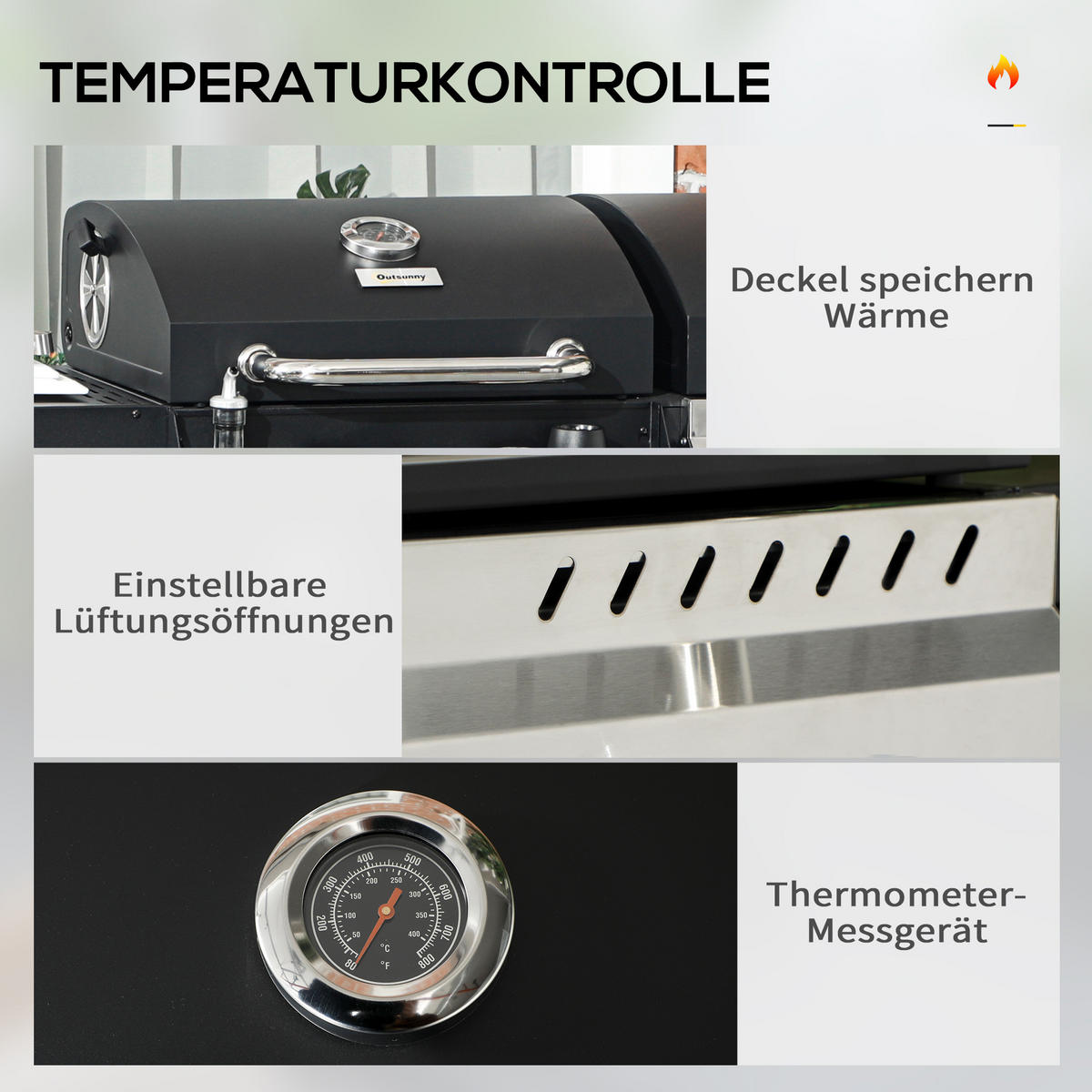 GASGRILL mit 2+1 Brenner, Thermometer, 3kW BBQ Holzkohlgrill mit Regal - Schwarz, Metall (53/101/161cm) - Outsunny