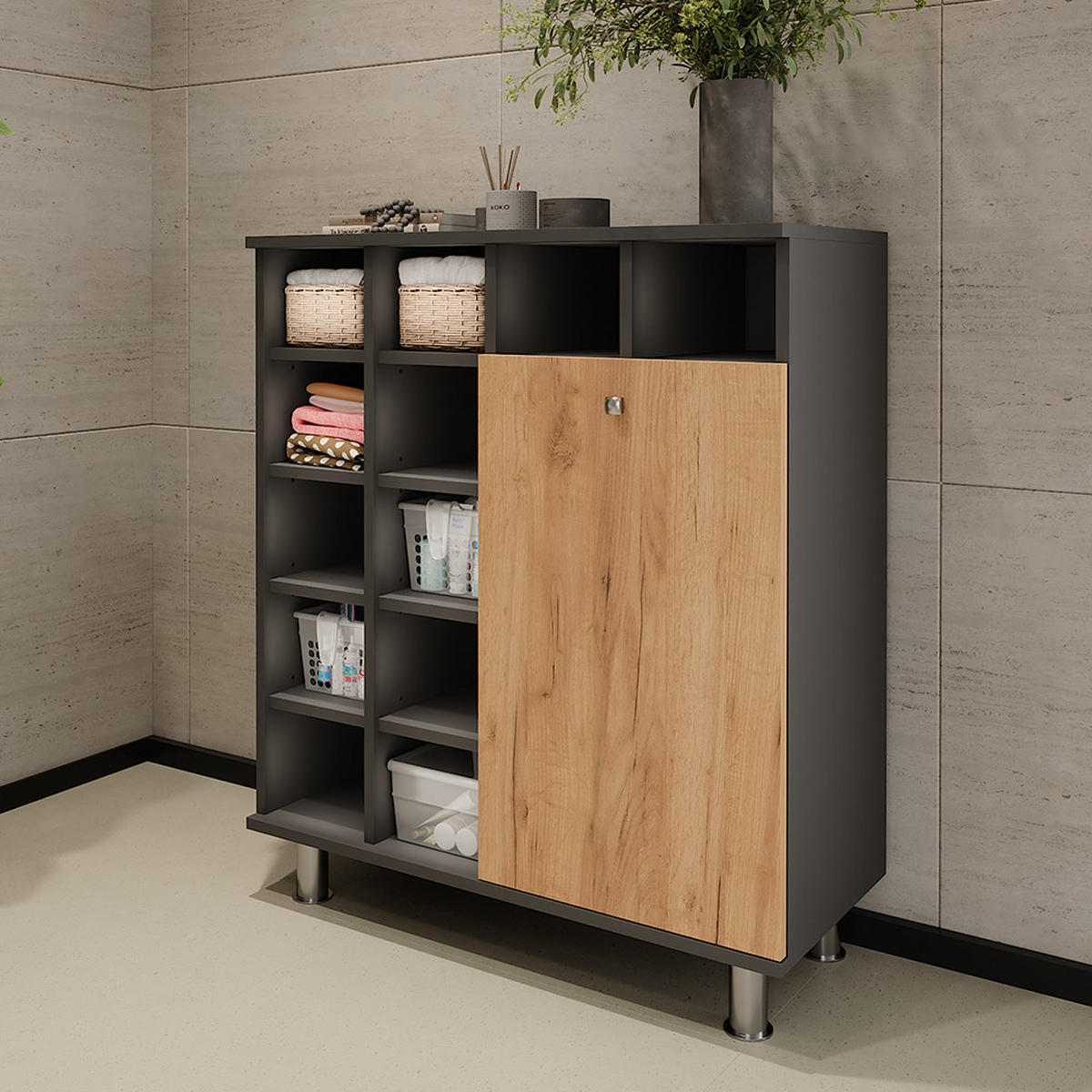 WÄSCHESCHRANK Fynn Anthrazit/Goldkraft Eiche 78.4 x 91.6 cm - Honigeiche/Anthrazit, Holzwerkstoff (78.4/91.6/34cm) - Vicco