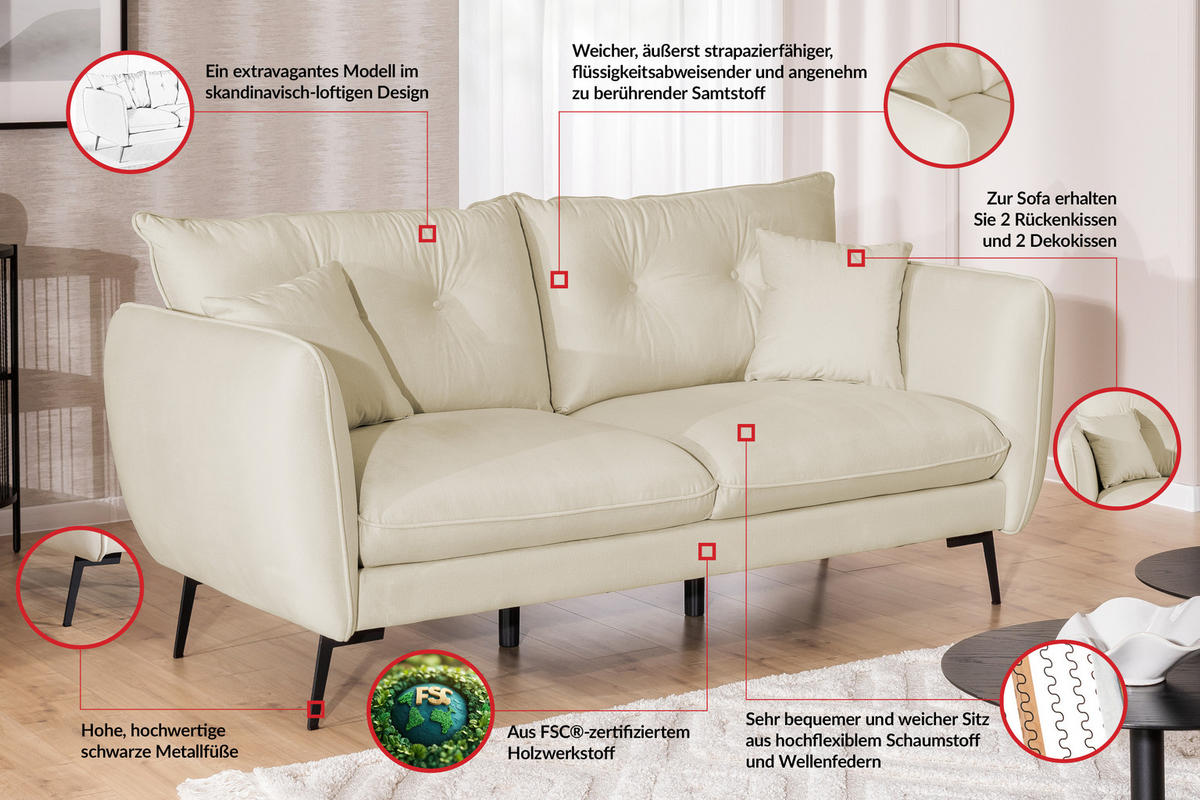 SITZGARNITUR 3+2+1 Nordloft Beige Samt - Beige/Schwarz, Holz/Textil (204/86/100cm) - S-Style Möbel