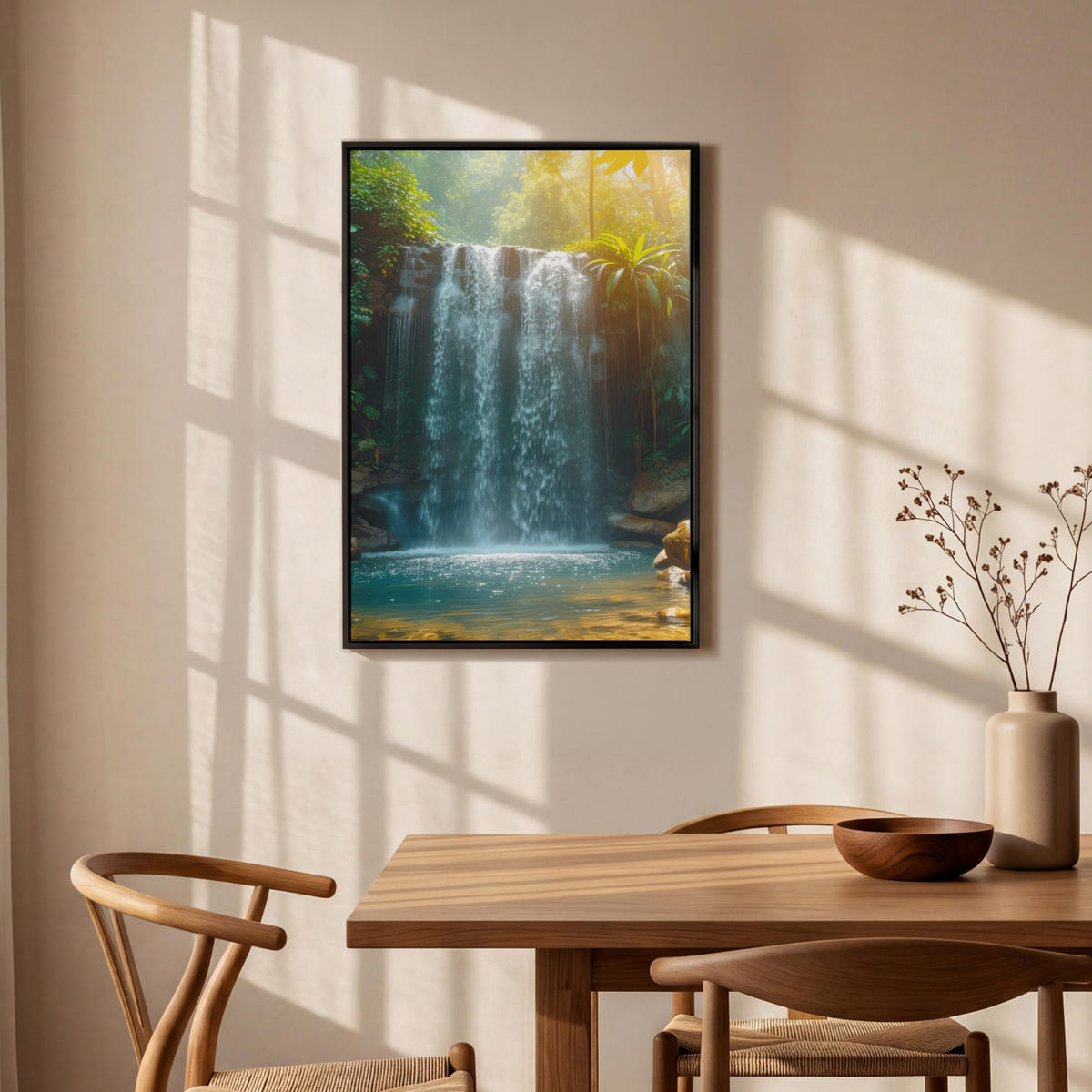 LEINWAND Bilder mit Rahmen - Wasserfall - Dschungel - Sonne - Grün - Natur - 60x90 - Grün, Textil (60/90cm) - MuchoWow