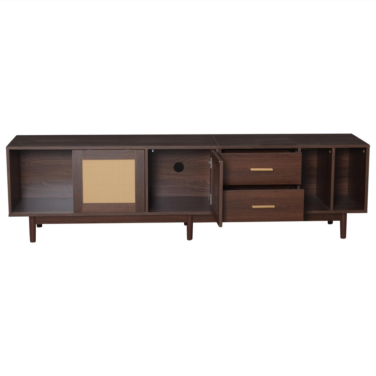 TV-SCHRANK 190 cm Braun & Rattan mit Schiebetüren, 2 Schubladen & 6 Füßen im Retro-Design - Braun, Holzwerkstoff (190/52/40cm) - Urban Meuble