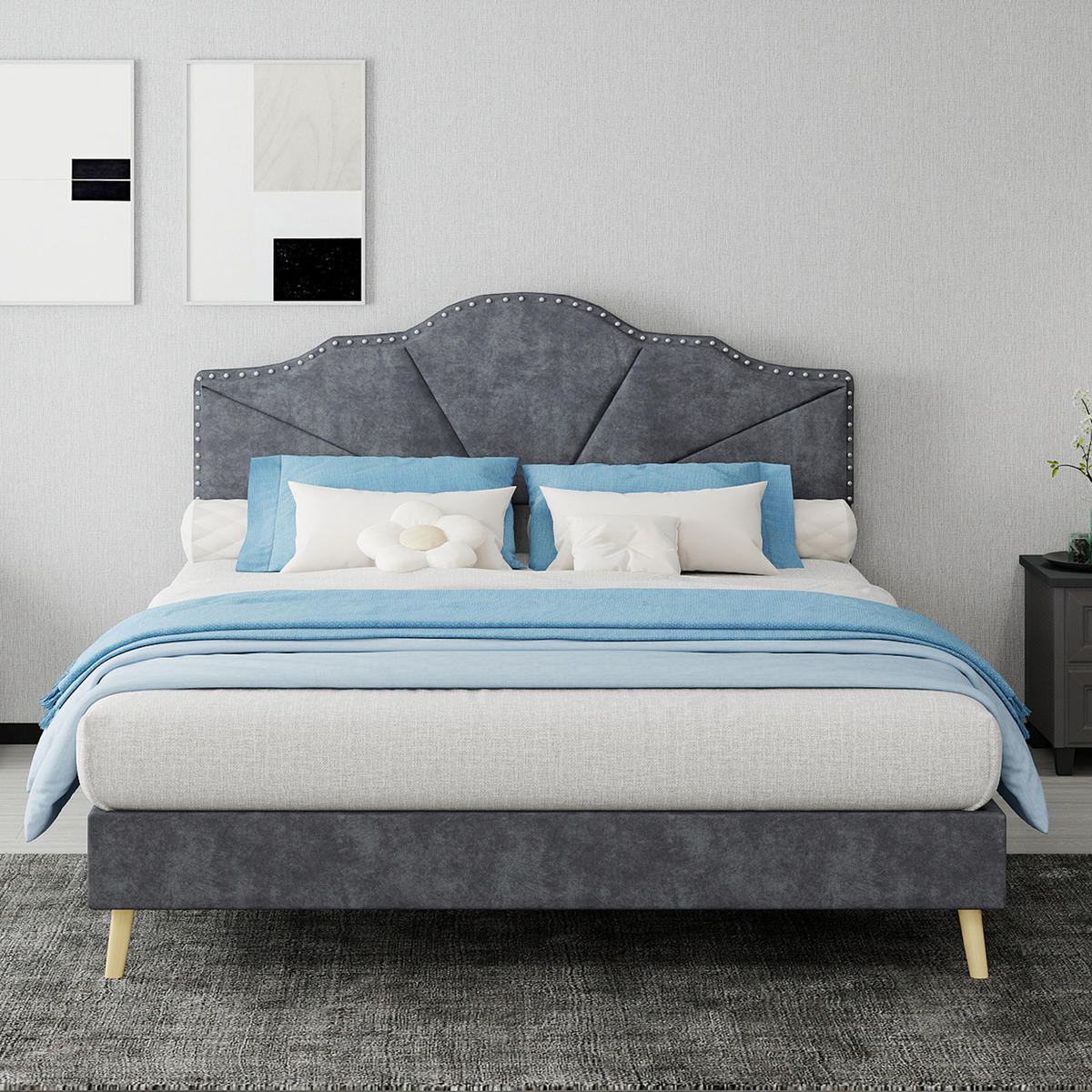 POLSTERBETT 140/200 cm in Grau Stoff mit gepolstertem Kopfteil - Naturfarben/Grau, Holzwerkstoff/Textil (140/200cm) - STILVORA