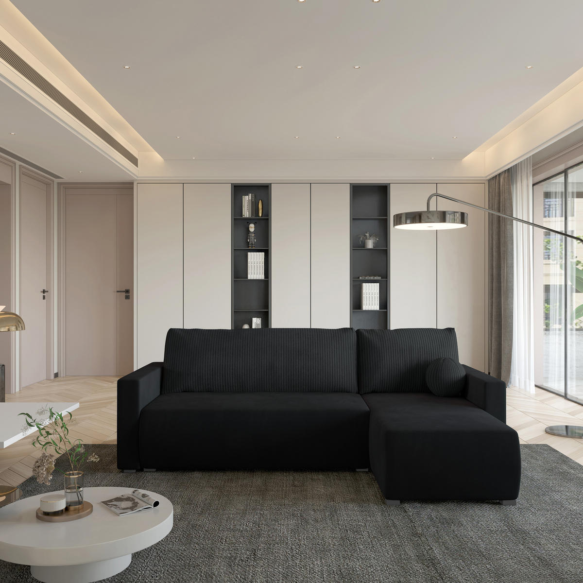 ECKSOFA SORGE Schwarz Plüsch-Stoff mit Schlaffunktion - Schwarz, Holz (220/143cm) - MASSENO