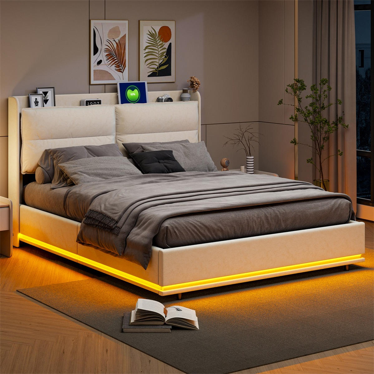 POLSTERBETT 140x200 cm - mit LED & Ladefunktion und hydraulischem Bettkasten - ohne Matratze - Off-White - Creme, Textil (140/200cm) - DELFA
