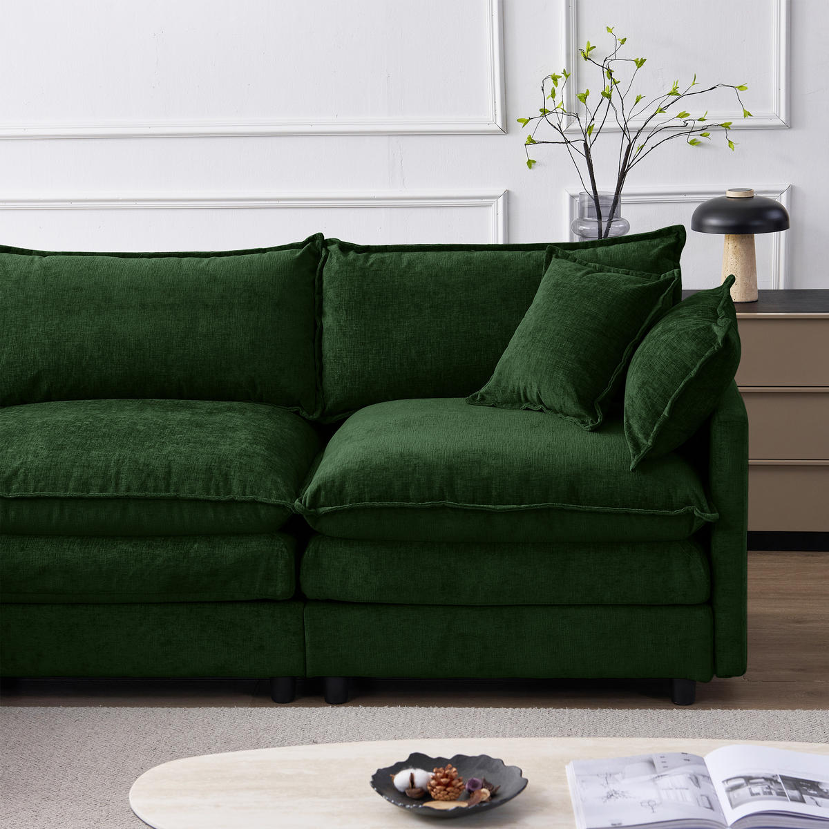 ECKSOFA Chenille Grün mit Hocker - Grün, Holzwerkstoff/Kunststoff (267/154cm) - WISHDOR