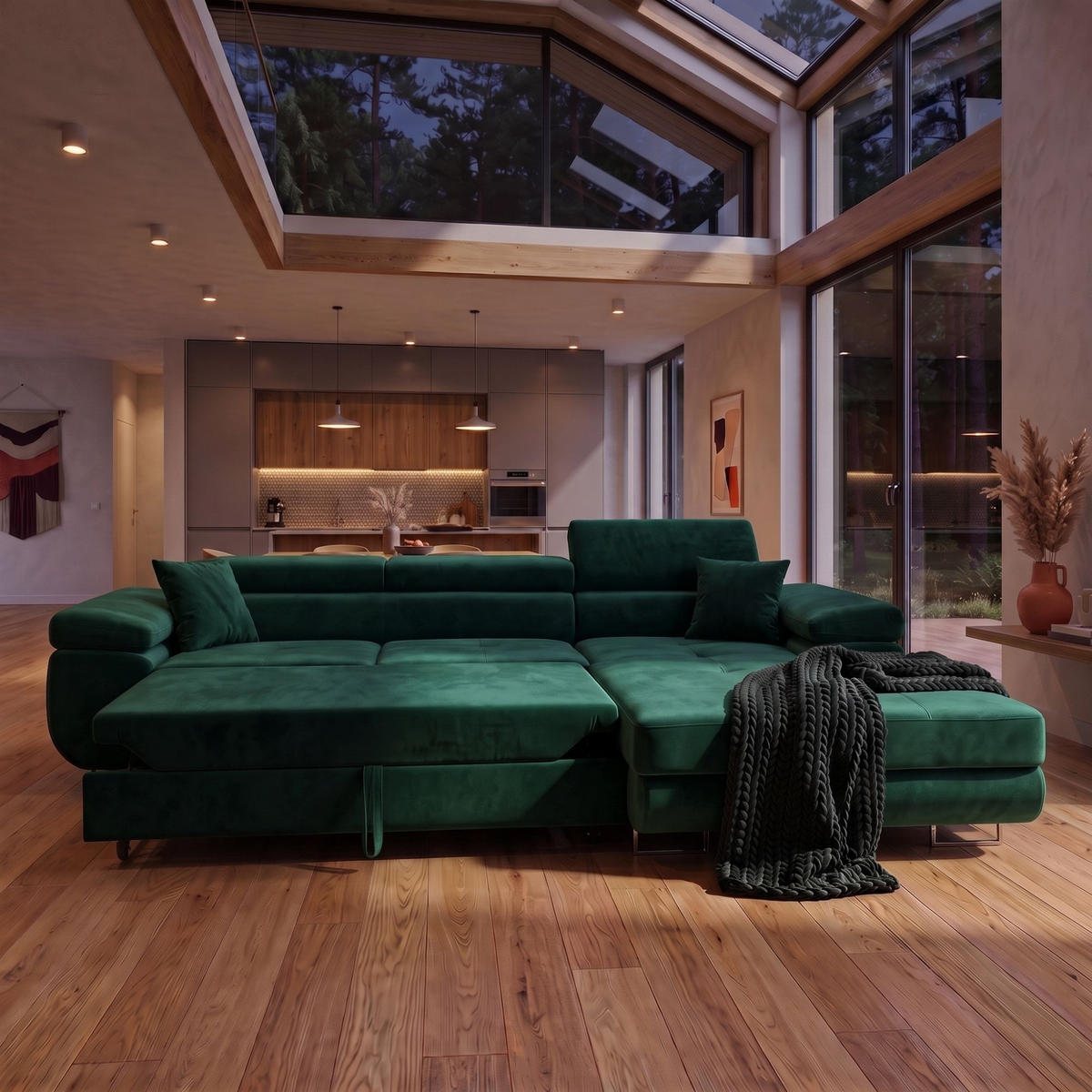 ECKSOFA ALONZO L Rechts mit Schlaffunktion 125x195 Velours Grün - Silberfarben/Grün, Holz/Textil (203/275cm) - Muffo