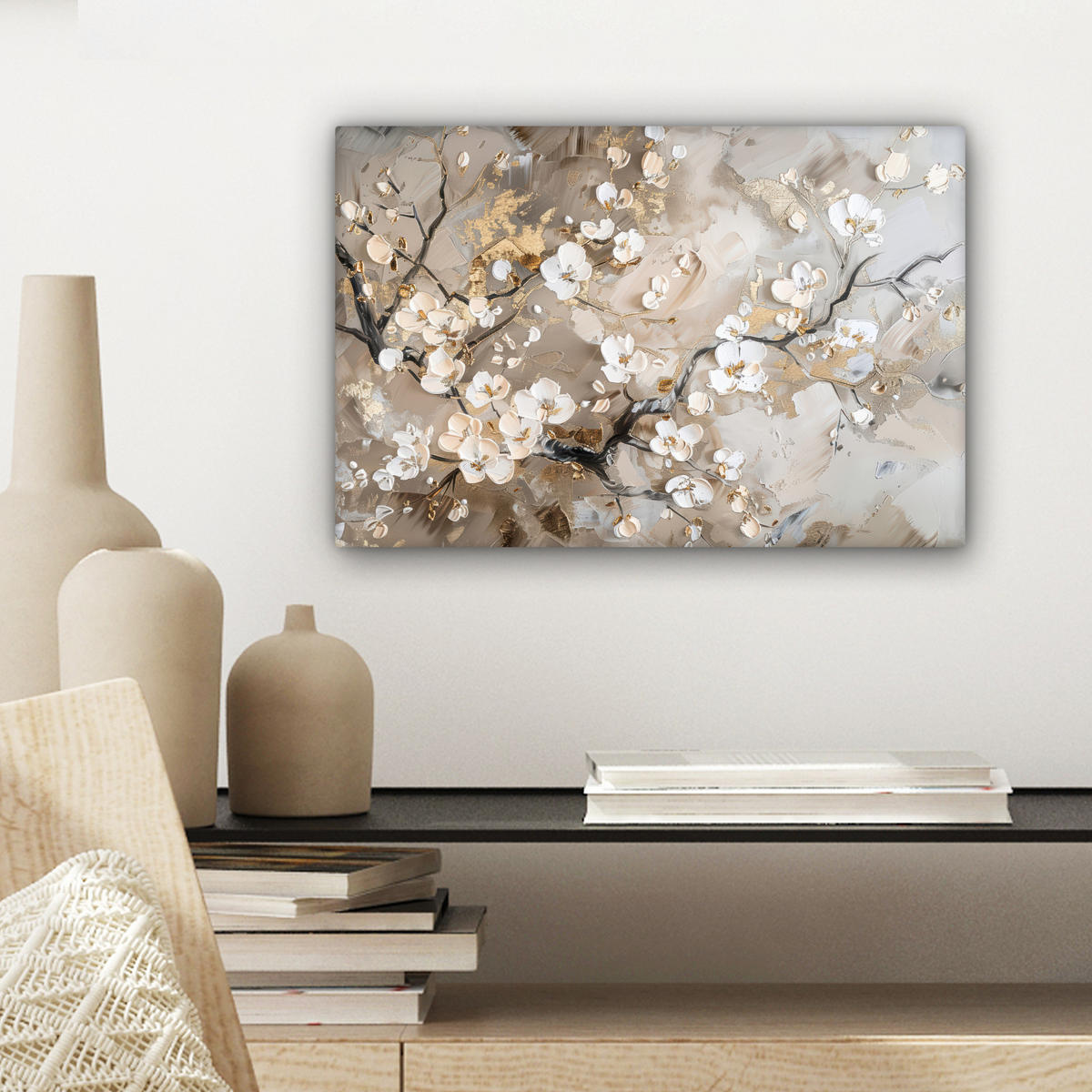 LEINWANDBILD - Blumen - Weiß - Gold - Beige - Luxus - 30x20 - Deko XXL - Greige, Textil (30/20cm) - MuchoWow
