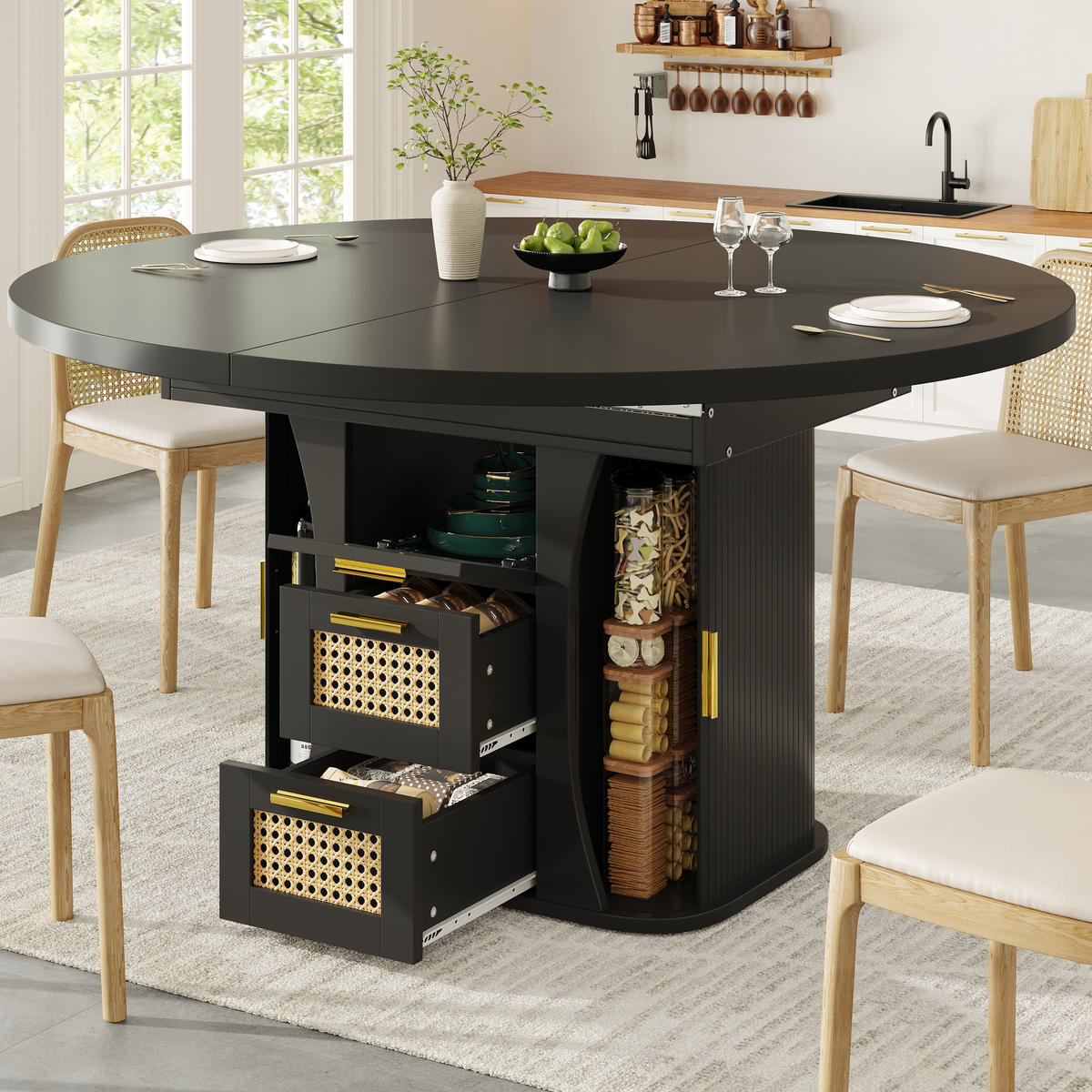 ESSTISCH Ausziehbar 118-158Cm Stauraum Rattan Schwarz - Schwarz, Holzwerkstoff (118/118/77.1cm) - FLIEKS