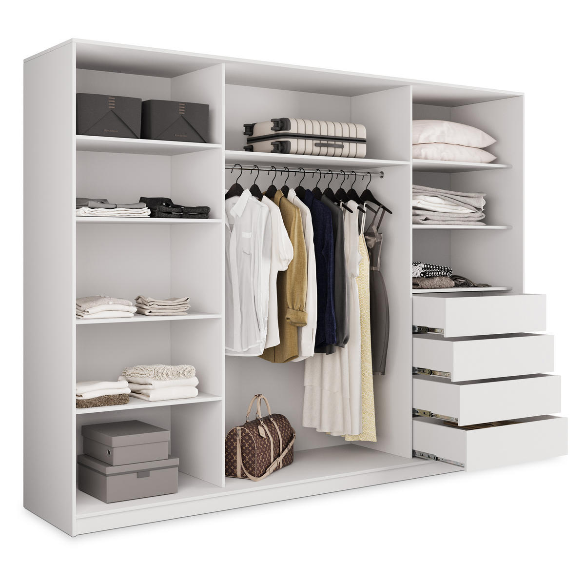 SCHWEBETÜRENSCHRANK TARI 250/205/58 cm 3-türig mit Spiegel und Schubladen Weiß - Silberfarben/Weiß, Holzwerkstoff (250/205/58cm) - MASSENO