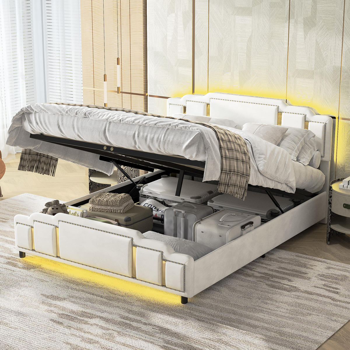 POLSTERBETT 160/200 cm Beige mit Hydraulisches Staufach und LED-Ambientebeleuchtung - Beige, Textil (160/200cm) - Oxeza