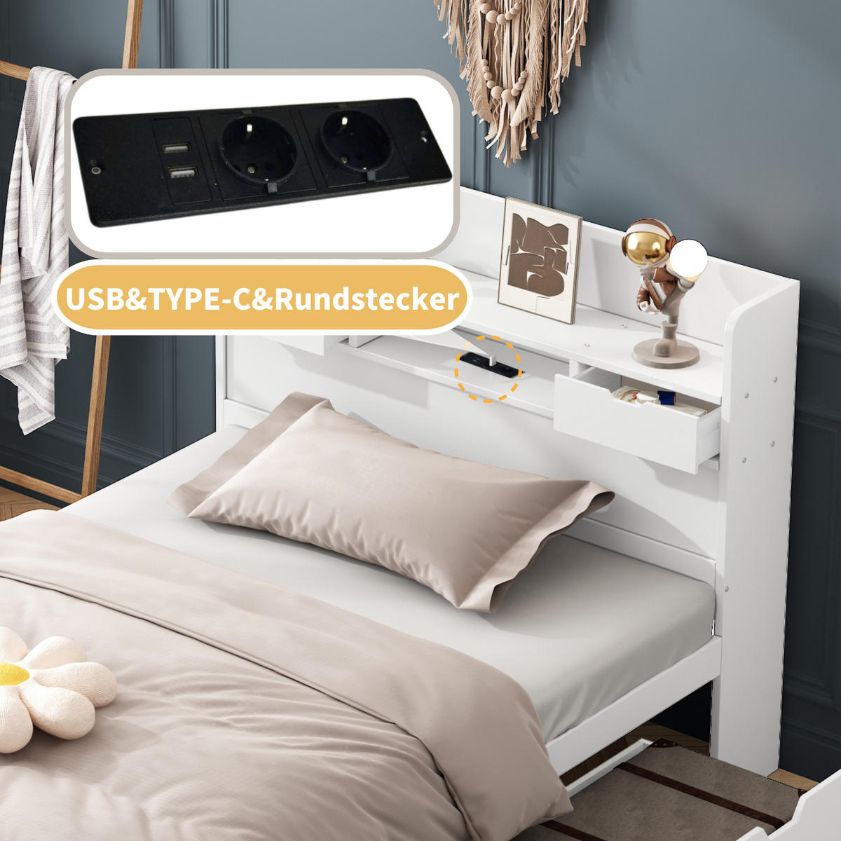 EINZELBETT 90/200 cm Weiß aus Kiefer mit USB-Anschluss und Stauraum - Weiß, Holz (90/200cm) - OKMYHOME