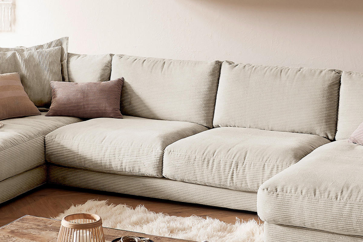 WOHNLANDSCHAFT MADELINE Cremeweiß Cord - Creme/Schwarz, Kunststoff/Textil (425/86/224cm) - KAWOLA