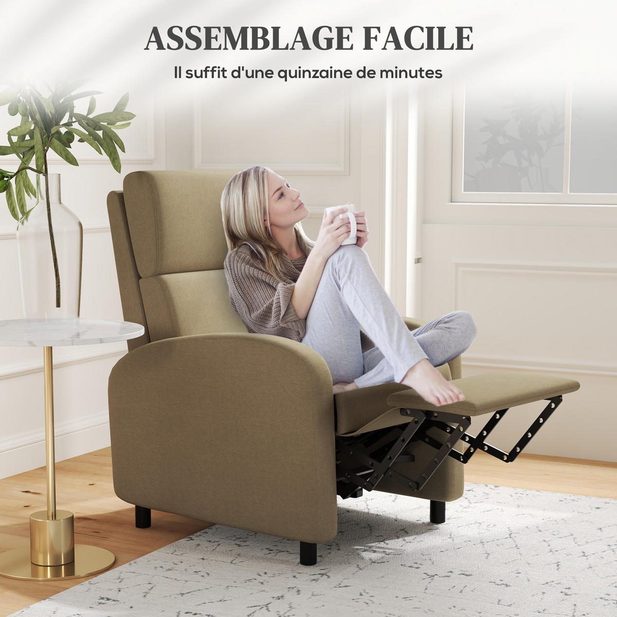 RELAXSESSEL DE-15379 160° neigbar mit integrierter Fußstütze - Beige, Textil (86/102/64cm) - ComfortXL