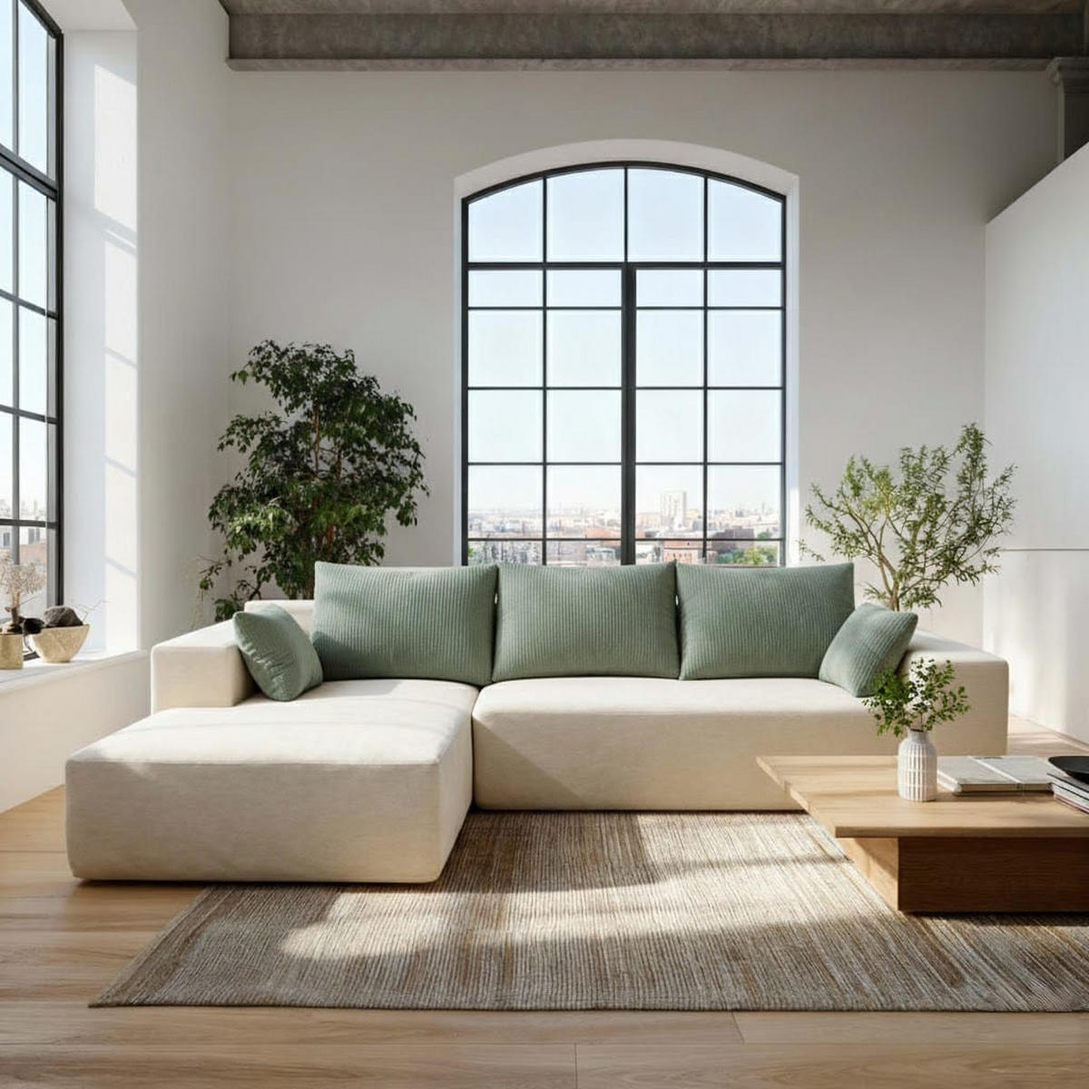 ECKSOFA Luna Weiß Salbei 3-Sitzer Links - Weiß, Textil (267/175cm) - COCO Living