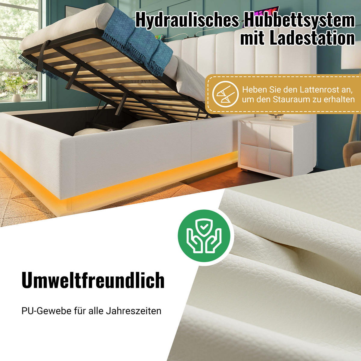 POLSTERBETT 160/200 cm mit LED-Beleuchtung, USB-C und hydraulischem Stauraum, PU, Weiß - Weiß, Textil (160/200cm) - Redom