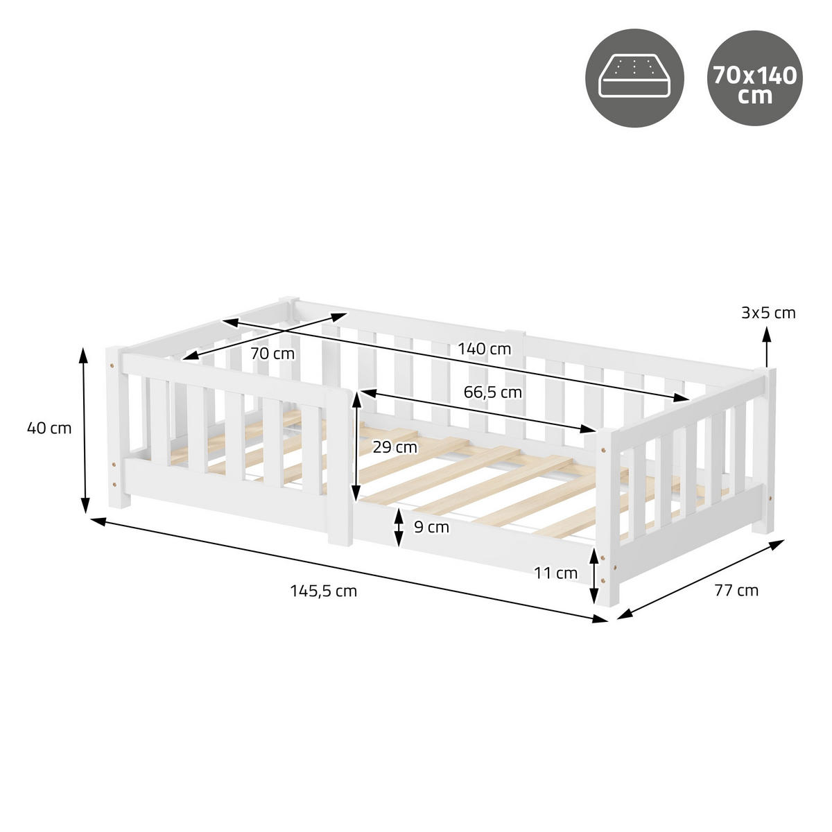 KINDERBETT 70x140 cm Weiß mit Matratze - Weiß, Kunststoff (70/140cm) - ML-DESIGN
