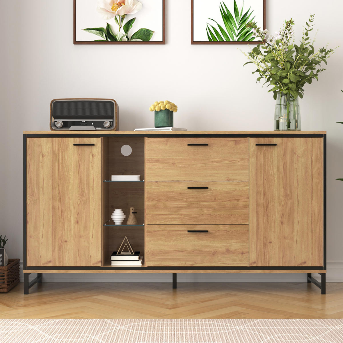 KOMMODE aus Spanplatte 160x40x85cm in Natur mit 16-farb LED - Naturfarben, Holzwerkstoff (160/85/40cm) - Modfu
