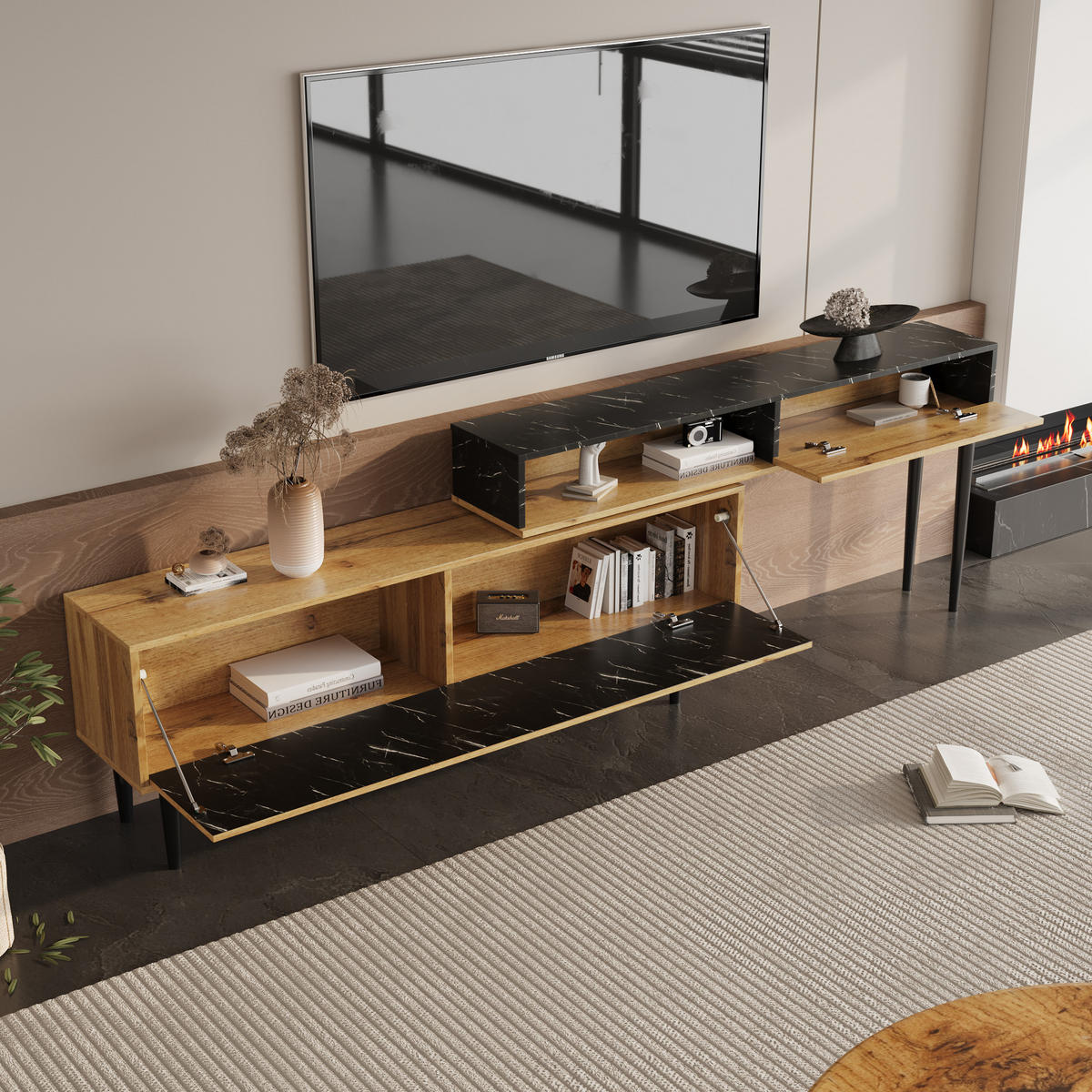 TV-SCHRANK in Natural Wood mit Marmor-Optik und Eisenbeinen 110/39/45 cm - Eichefarben, Holzwerkstoff (129/58/30cm) - Redom