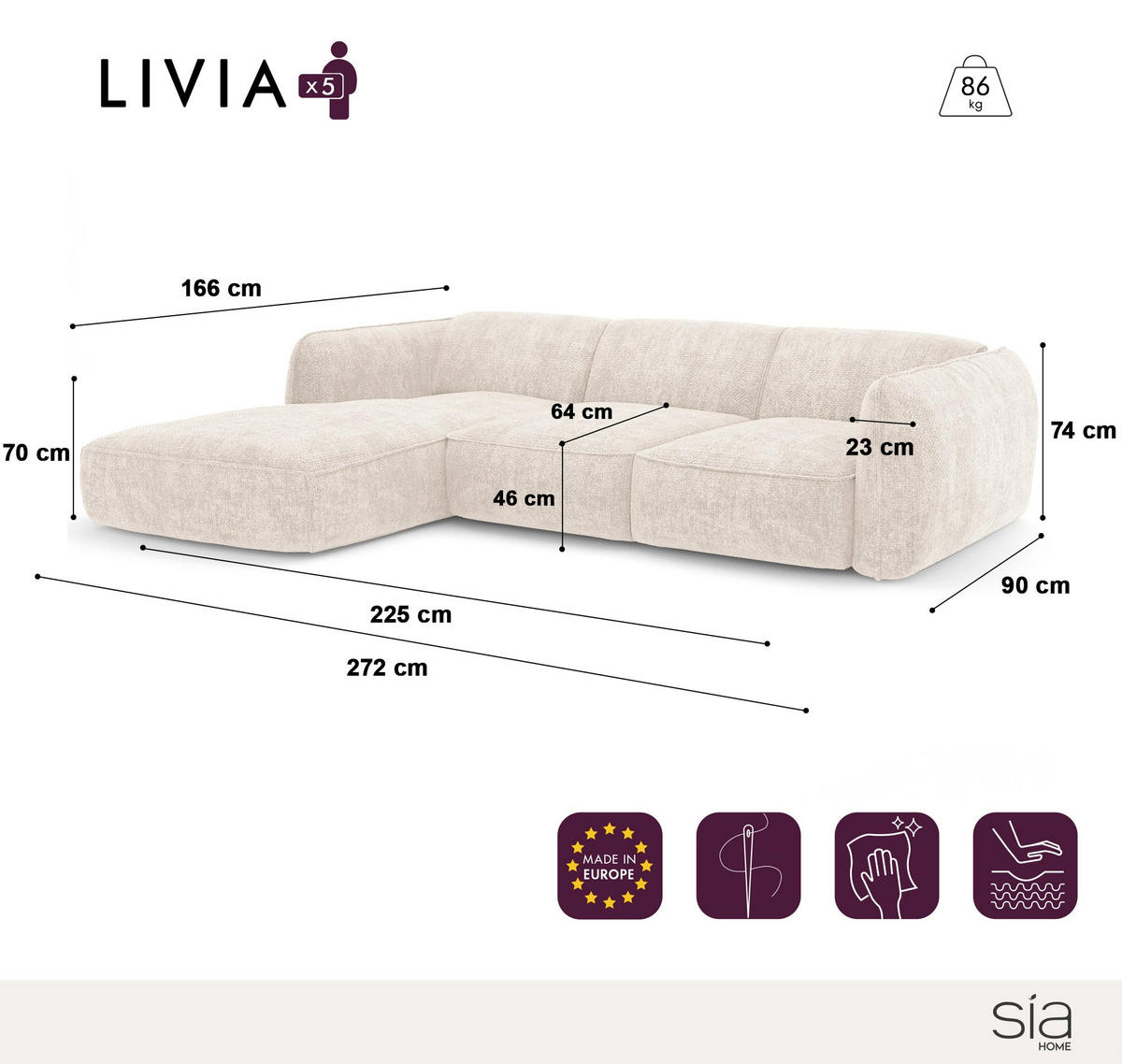 ECKSOFA LINKS Rastervelours Beige 272cm - Taupe, Textil (165/272cm) - Sia Home
