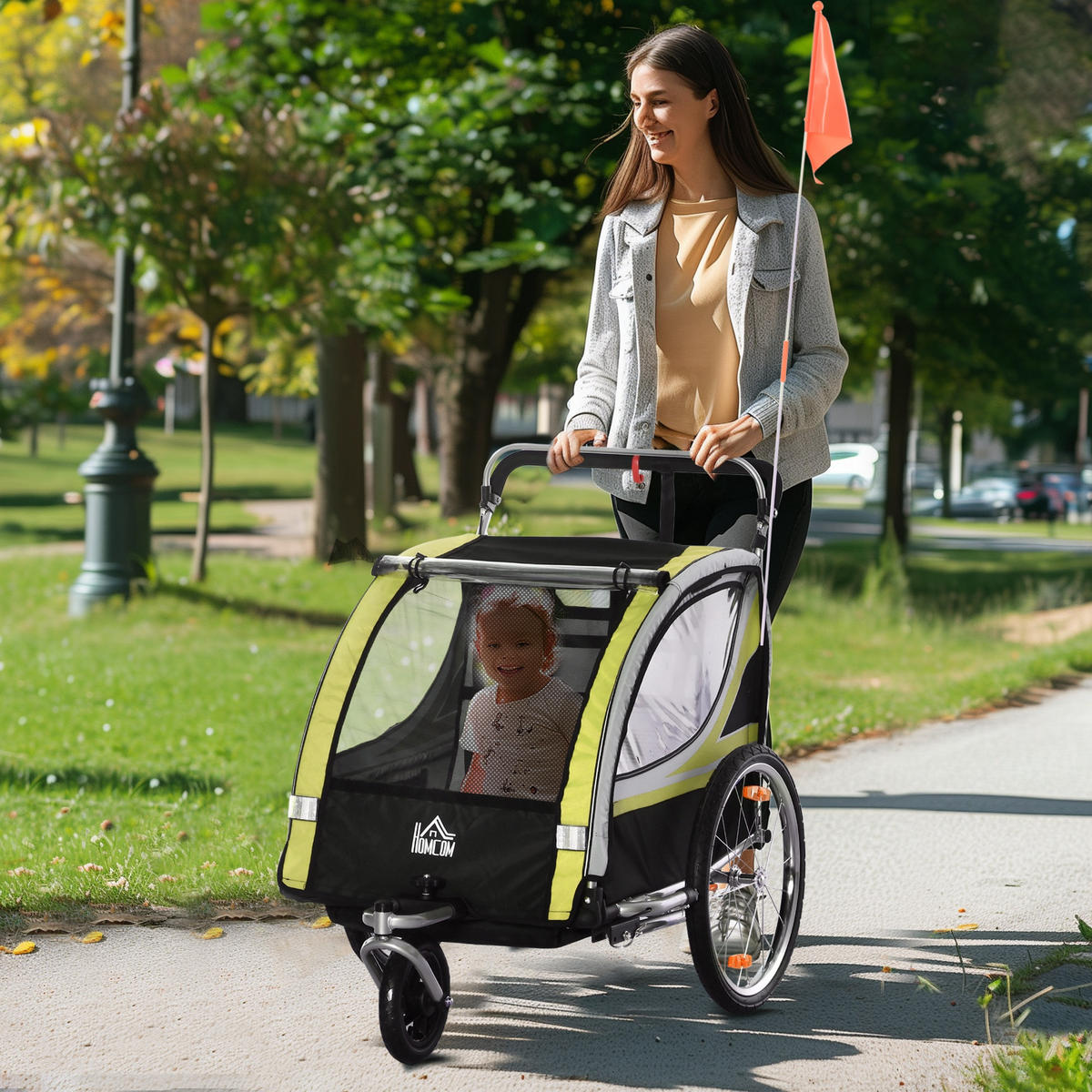 FAHRRADANHÄNGER für 2 Kinder, Schiebefunktion, Regenschutz, Gelb - Gelb/Schwarz, Kunststoff/Metall (75/101/142cm) - HOMCOM
