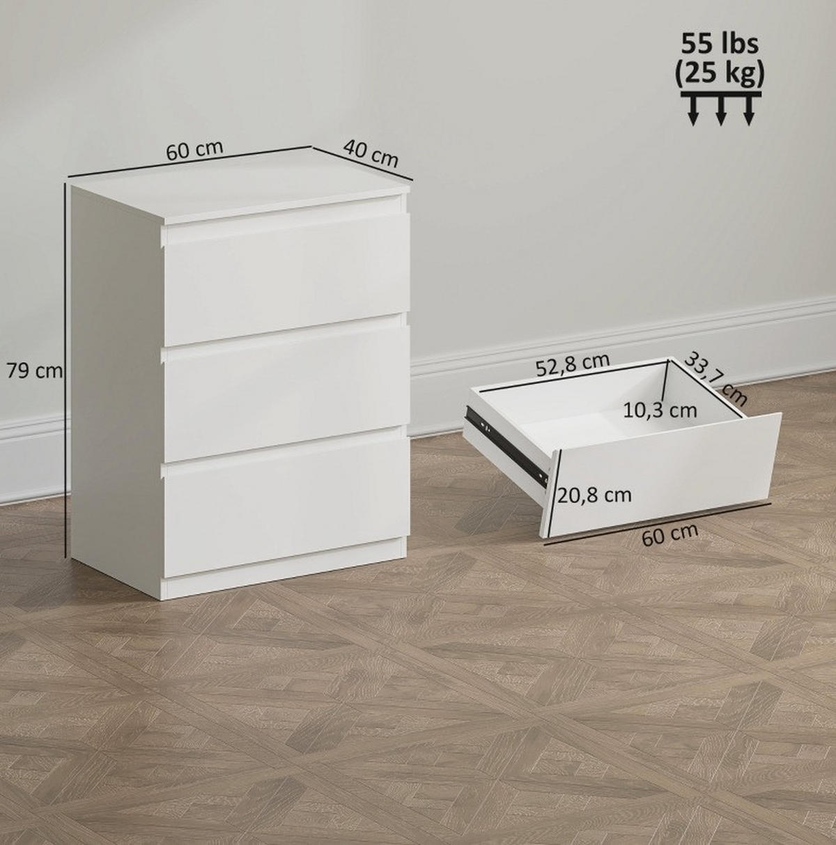 KOMMODE 60/40/79 cm mit 3 Schubladen – grifflos in Weiß - Weiß, Holz (60/79/40cm) - BEAOK