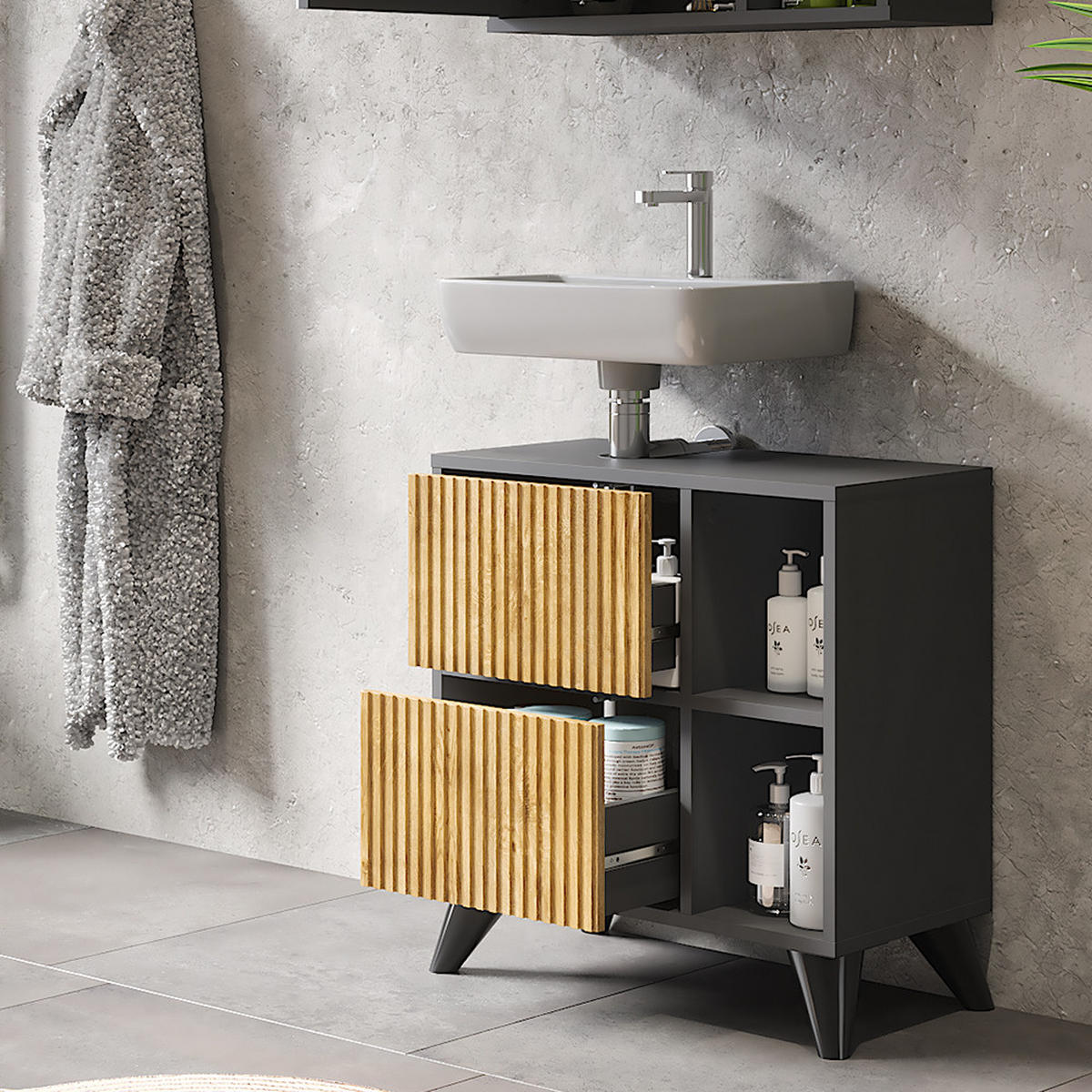 WASCHBECKENUNTERSCHRANK Leano Anthrazit/Bergeiche 60 x 62 cm mit 2 Schubladen - Anthrazit, Holzwerkstoff (60/62/30cm) - Vicco