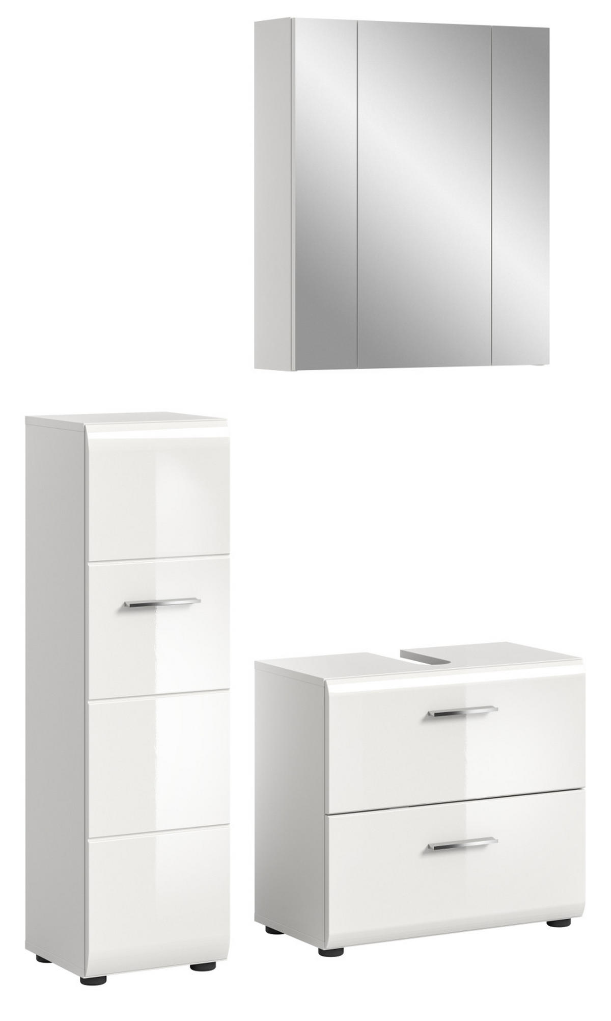 BADMÖBEL SET 3-teilig in weiß Hochglanz Badkombination 105 x 185 cm Cover - Weiß Hochglanz/Silberfarben, Holzwerkstoff/Kunststoff (105/185/30cm) - Inn.Furn