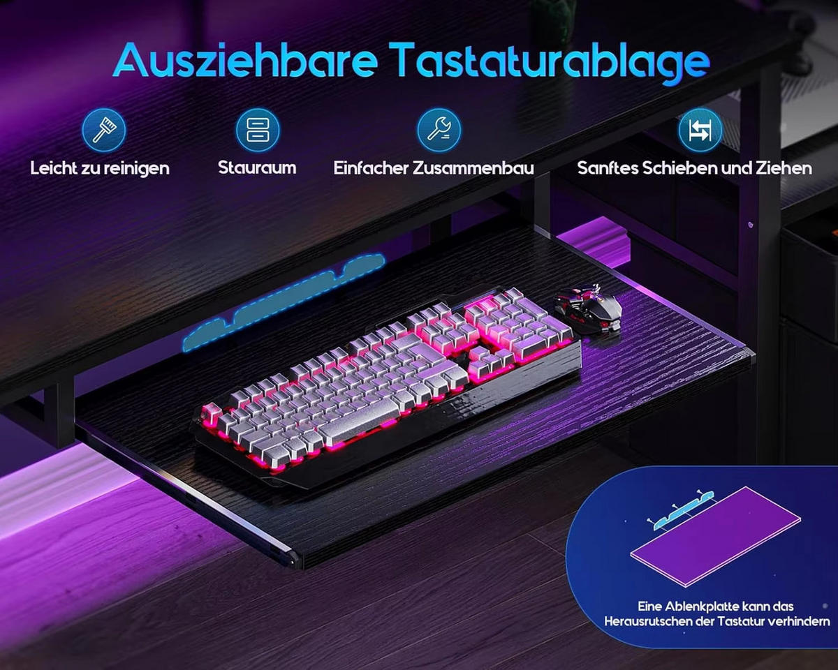 COMPUTERTISCH mit LED 140×48 cm Schwarz - Schwarz, Holz (140/48/75.7cm) - Kaket