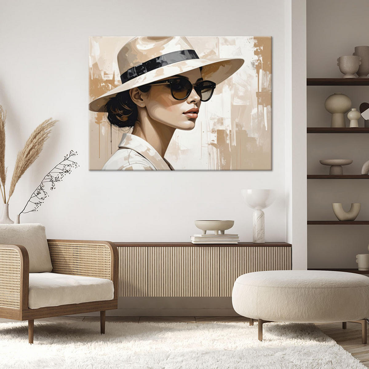 BILD auf Leinwand, Stilvolle Frau mit Hut und Sonnenbrille - Beige, Textil (100/70cm) - Feeby