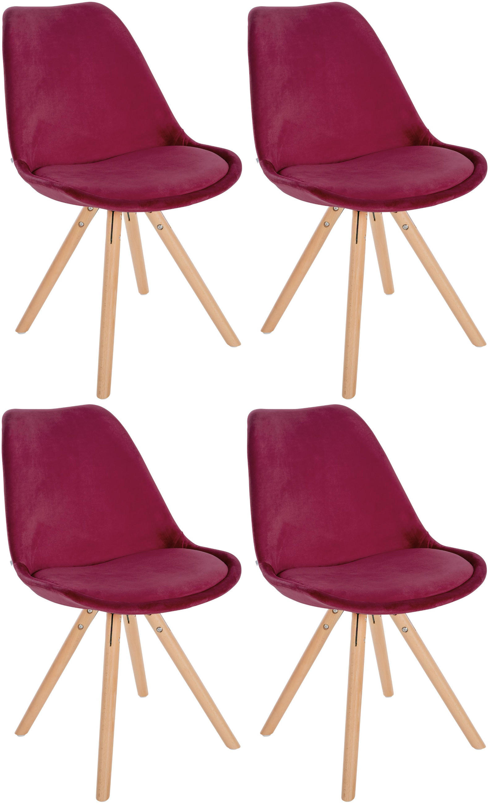 STUHL 4er Set Samt bordeauxrot - Eukalyptusholzfarben/Bordeaux, Holz/Textil (48/81/54cm) - CLP