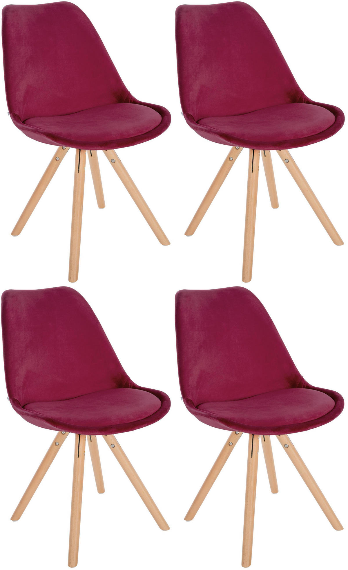 STUHL 4er Set Samt bordeauxrot - Eukalyptusholzfarben/Bordeaux, Holz/Textil (48/81/54cm) - CLP