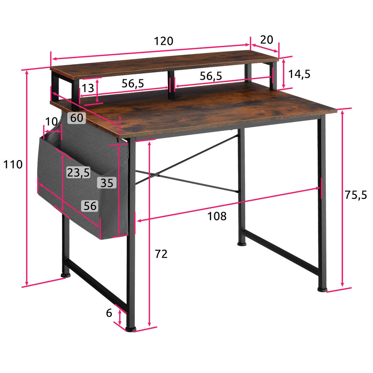 SCHREIBTISCH Thornton, 120 x 60 x 110 cm, Industrial Holz dunkel, rustikal - Rostfarben, Holzwerkstoff (60/120/90cm) - tectake