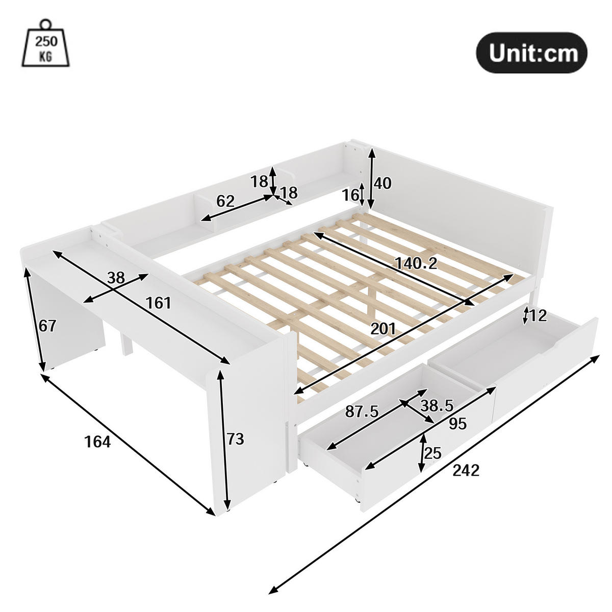 BETT 140/200 cm aus Kiefer mit Schreibtisch, Weiß - Weiß, Holz (140/200cm) - OKMYHOME