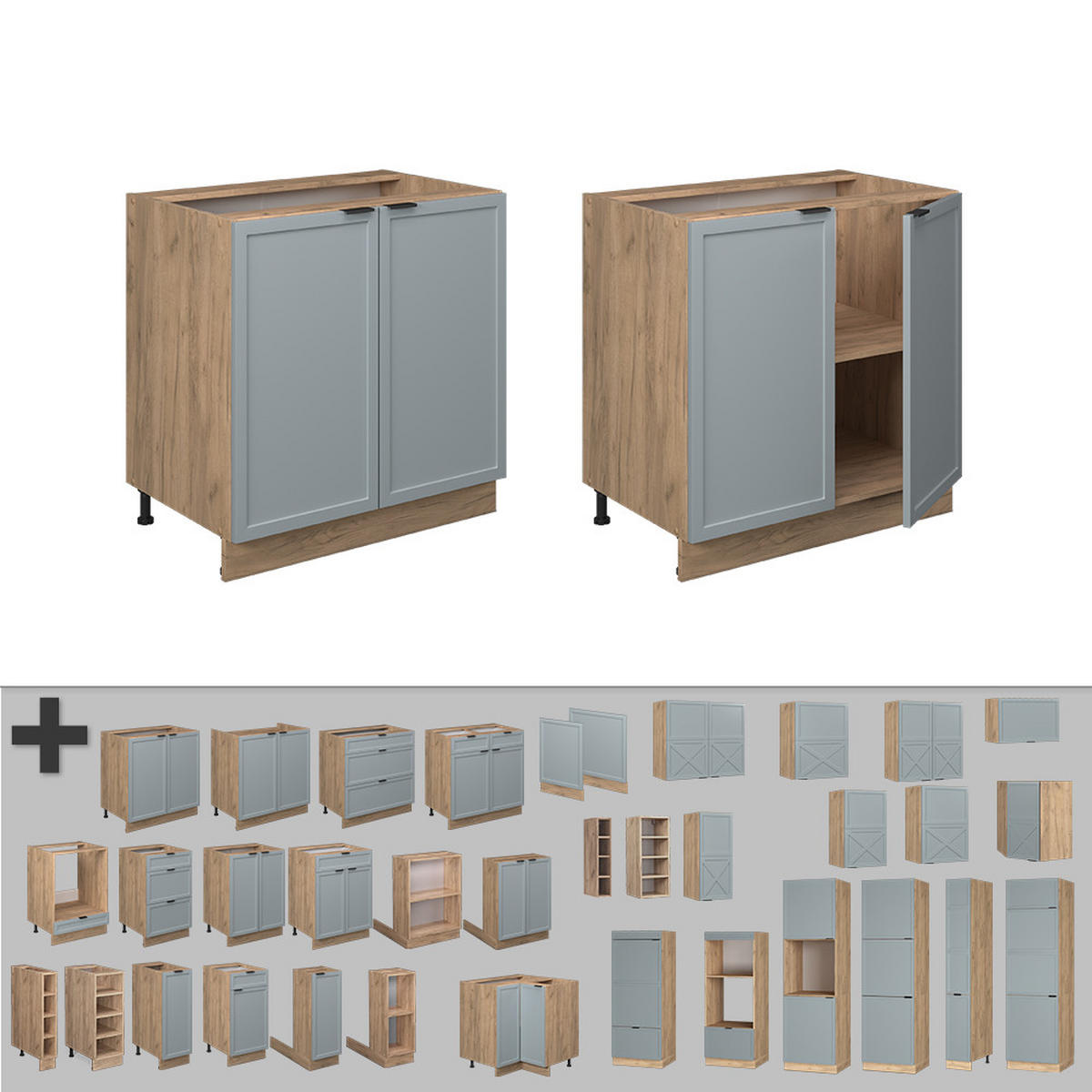 SPÜLENUNTERSCHRANK Fame-Line Hellblau-grau 80 cm mit Regal, AP Eiche - Eiche Wotan/Blaugrau, Holzwerkstoff (80/82/60cm) - Vicco