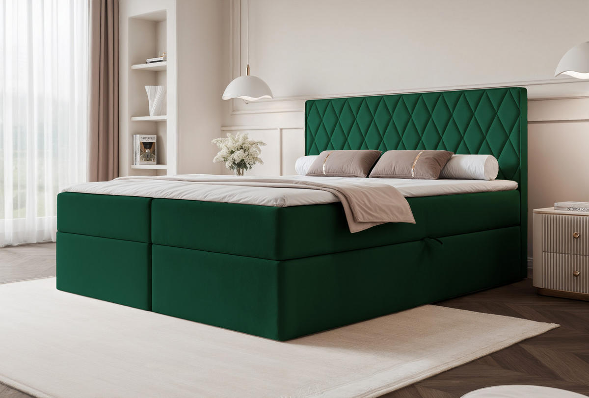 BOXBETT PONTI 200x200 cm Dunkelgrün (Samt) - mit 2 Bettkästen, Bonellmatratze und vertikaler Rautensteppung - Dunkelgrün, Holzwerkstoff/Textil (200/200cm) - Ravio