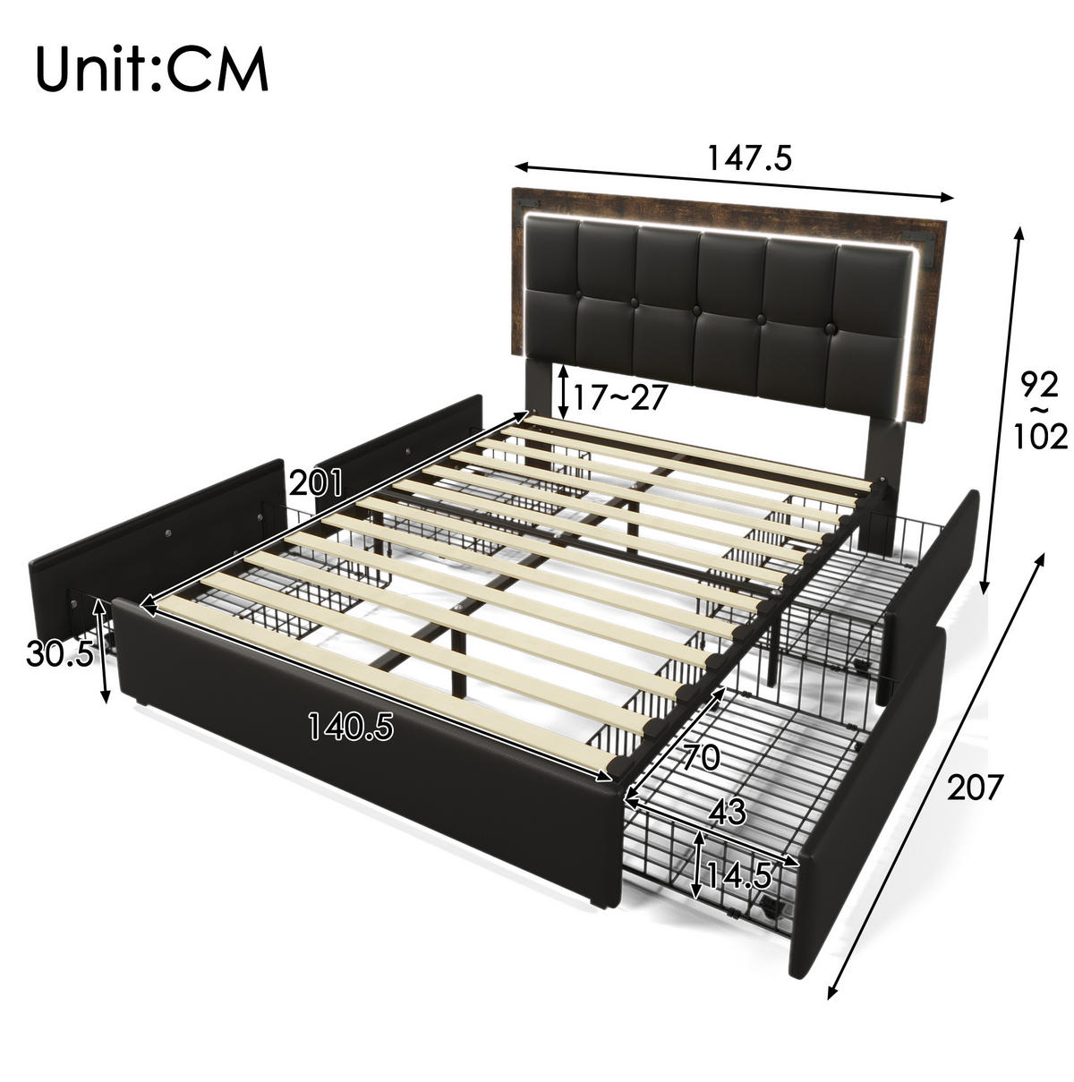 ČALÚNENÁ posteľ z PU 140x200 cm čierna s LED osvetlením, 4 zásuvkami a nastaviteľným čelom - čierna, koža (140/200cm) - Modfu