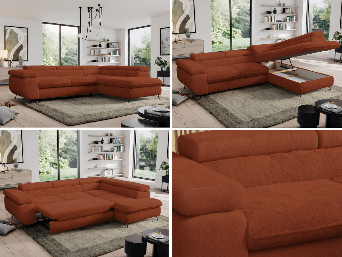 ECKSOFA PEDRO L Orange Plüsch - Rechts Seite - Schwarz/Orange, Textil/Metall (273/208cm) - MKS