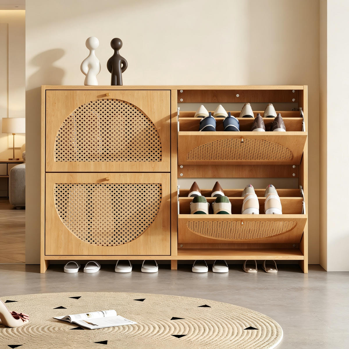 SCHUHSCHRANK in Naturfarben mit 4 Kipptüren mit 8 Fächern für Flur, B120/T24/H90 cm - Naturfarben, Holzwerkstoff (120/90/24cm) - STILVORA