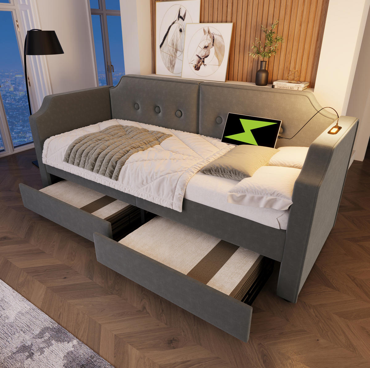 POLSTERBETT 90/200 cm mit 2 Schubladen, USB/Type-C & Leselicht, Samt Grau - Grau, Textil (90/200cm) - Redom