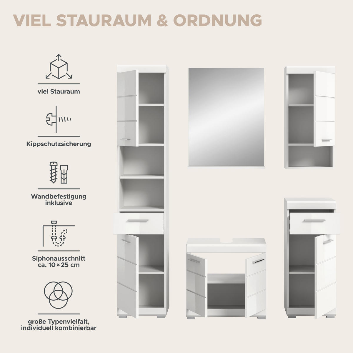 BADKOMBINATION 5tlg. Scout Bad in weiß Nachbildung und weiß hochglanz B/H/T: 164x191x34 cm - Weiß, Holz (164/191/34cm)