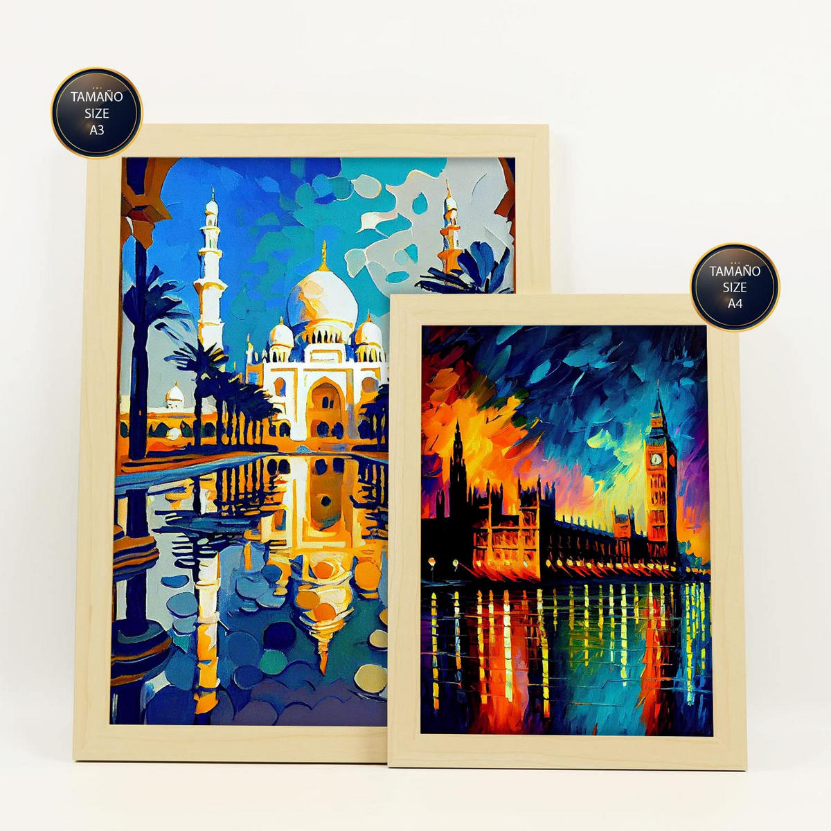 POSTER Set Mit 6 Fluss Im Ölgemälde Stil A3 & A4 Rahmen Aus Hellem Holz - Beige, Papier (29/3cm) - Nacnic